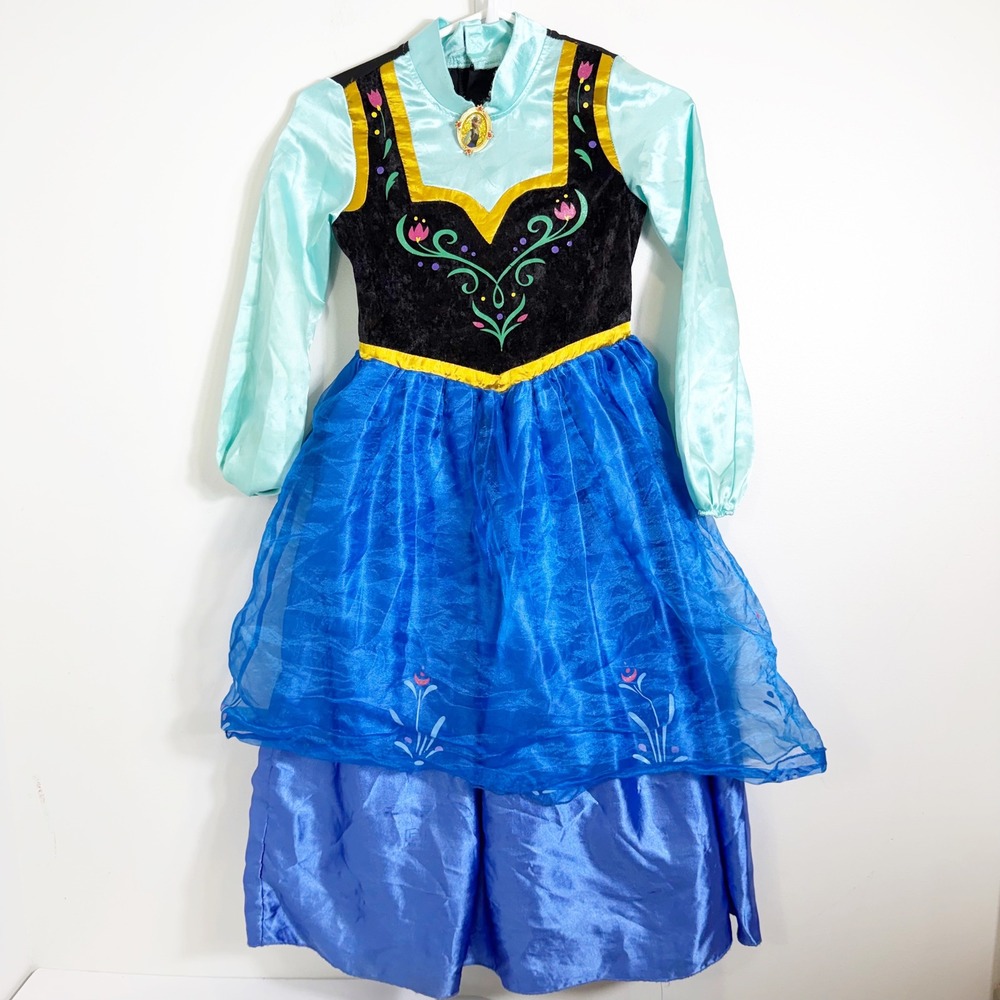 Disney Store Frozen Anna Costume Dress Girls 7/8 Blue Black Floral Embroidery